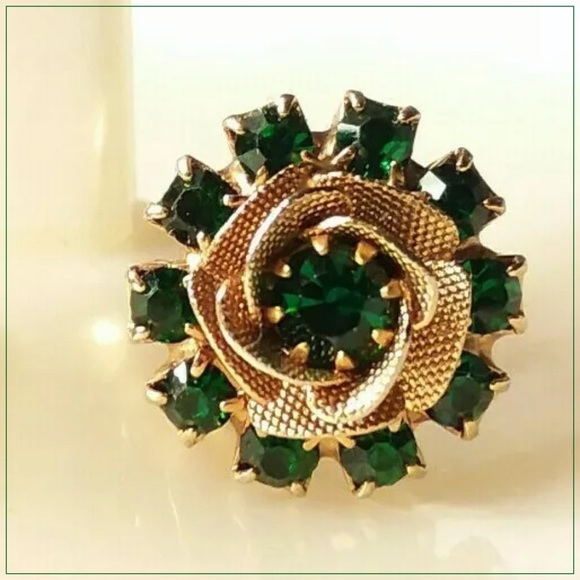 VTG Gold/Emerald Rhinestone Flower Earrings J. Lee - Picture 3 of 7